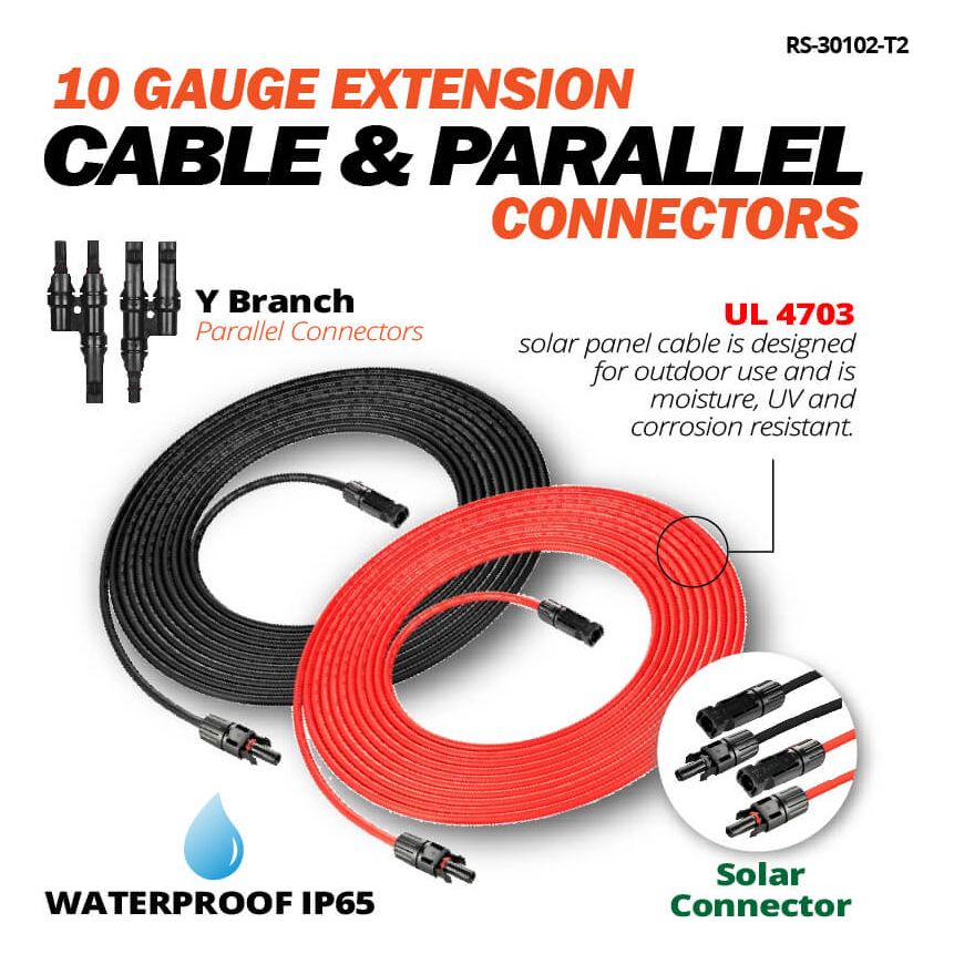 RICH SOLAR 10 Gauge Solar Panel Extension Cable with Male & Female Solar Connector Ends & 10AWG Red & Black Extension Wire & Parallel Connectors