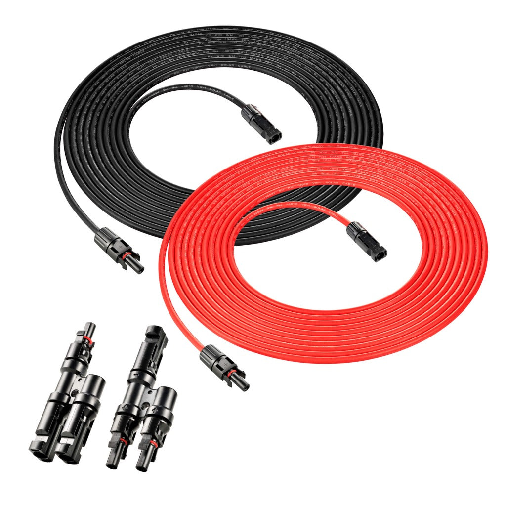 RICH SOLAR 10 Gauge Solar Panel Extension Cable with Male & Female Solar Connector Ends & 10AWG Red & Black Extension Wire & Parallel Connectors