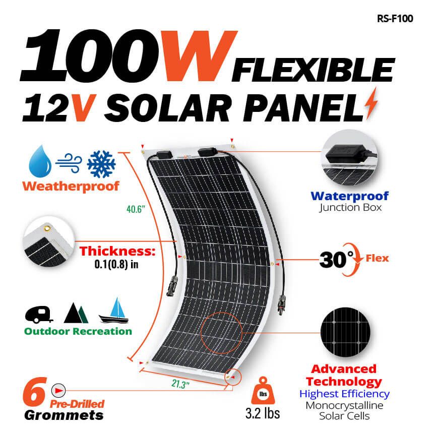 RICH SOLAR MEGA 100 FLEX | 100 Watt Flexible Solar Panel | Lightweight 12V Flexible Solar Panel for Vans, Boats, Trailers | High Efficiency