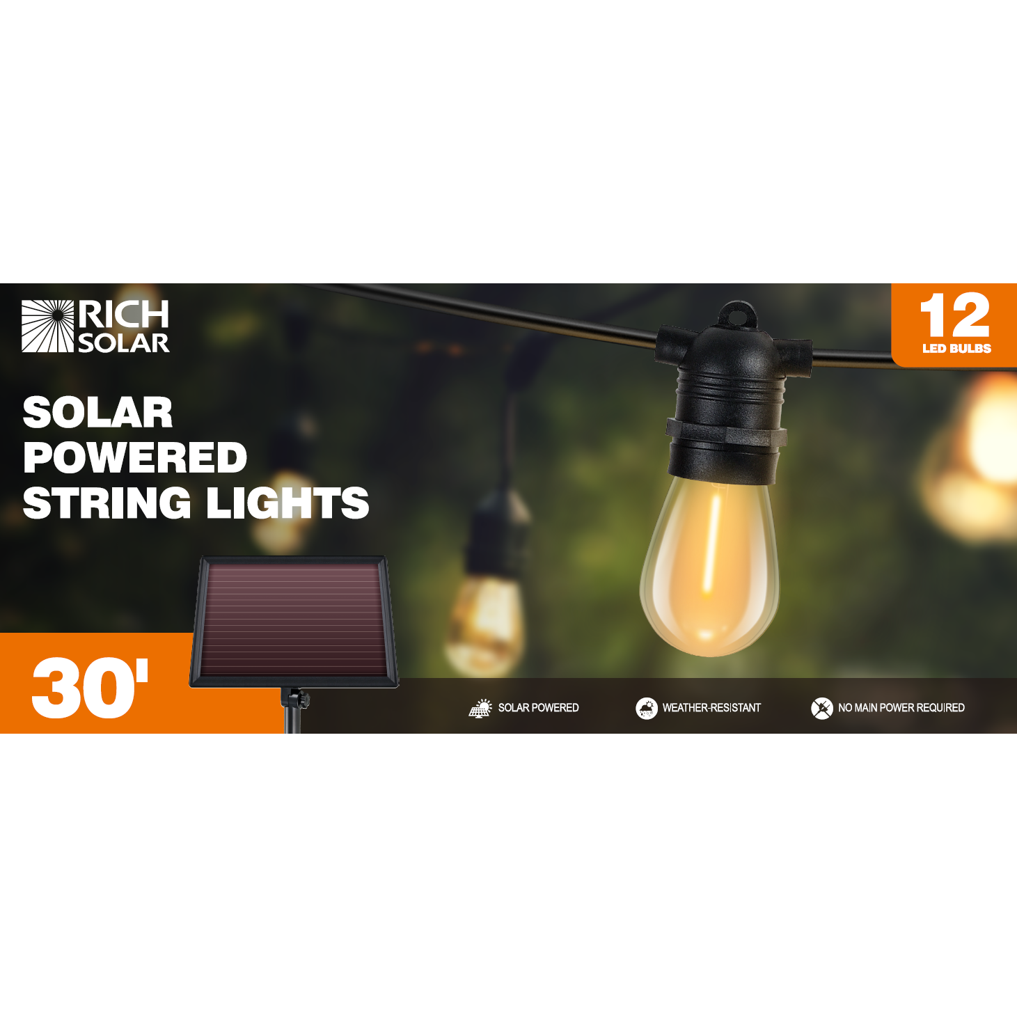 RICH SOLAR Solar String Lights | 12 LED Solar Powered Bulbs on String Lights | Easy to Install