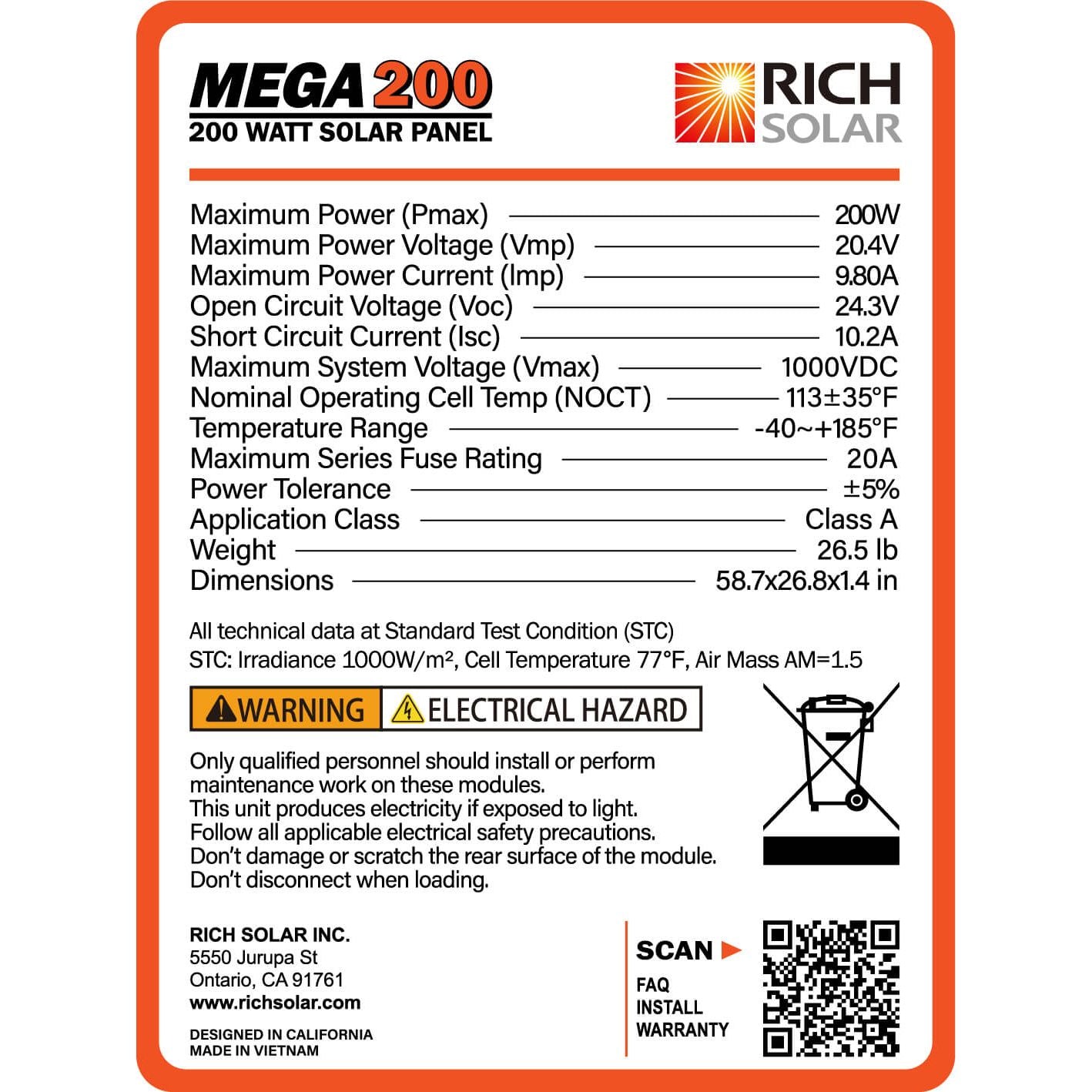 RICH SOLAR MEGA 200 | 200 Watt Solar Panel | Premier 12V Off-Grid Solar Panel for RVs Cabins, Boats | 25-Year Output Warranty | UL Certified