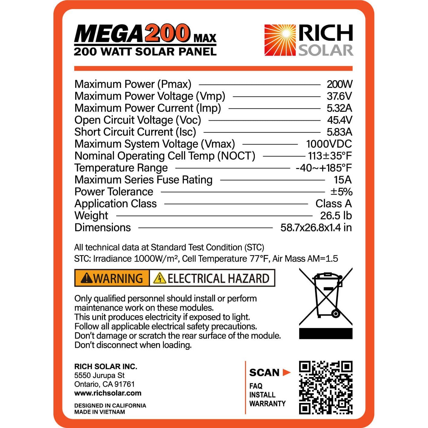 RICH SOLAR MEGA 200 MAX | 200 Watt 24 Volt Solar Panel | 25-Year Output Warranty | UL Certified