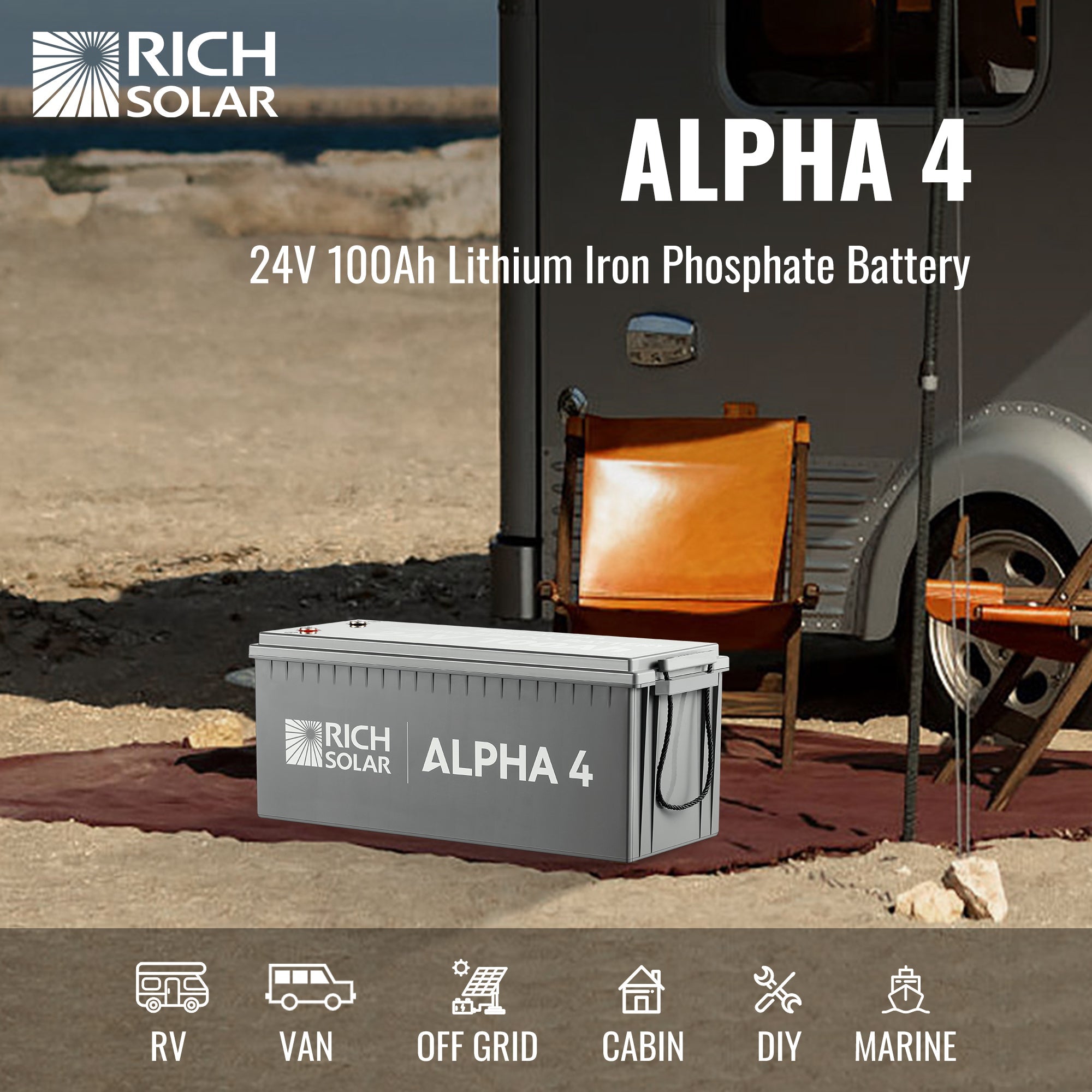 RICH SOLAR ALPHA 4 | 24V 100Ah LiFePO4 Battery | 5,000 Lifetime Cycles | Bluetooth and Internal Heat Technology