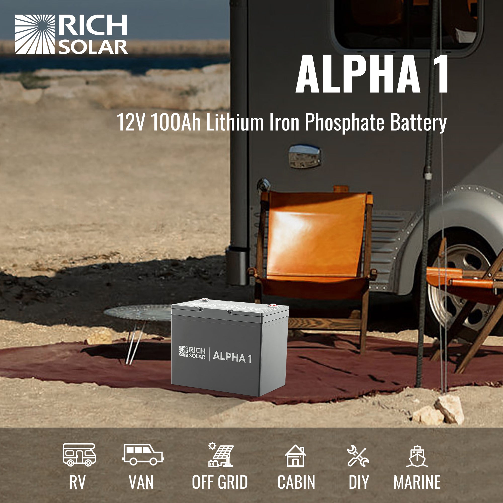 RICH SOLAR ALPHA 1 | 12V 100Ah LiFePO4 Battery | Powerful 12V Lithium Battery | 5,000 Lifetime Cycles | Bluetooth and Internal Heat Technology