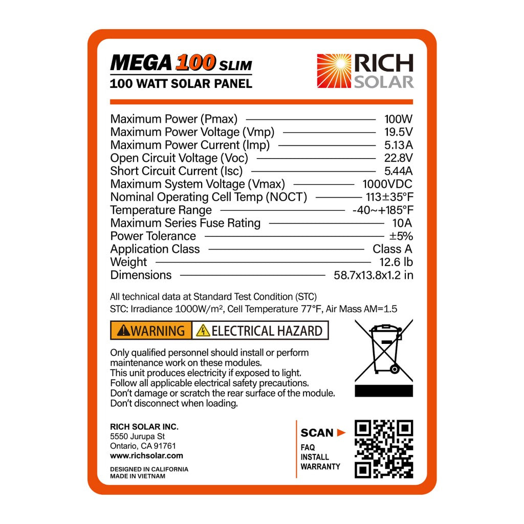 RICH SOLAR MEGA 100 SLIM | 100 Watt Slim Solar Panel | 25-Year Output Warranty | UL Certified